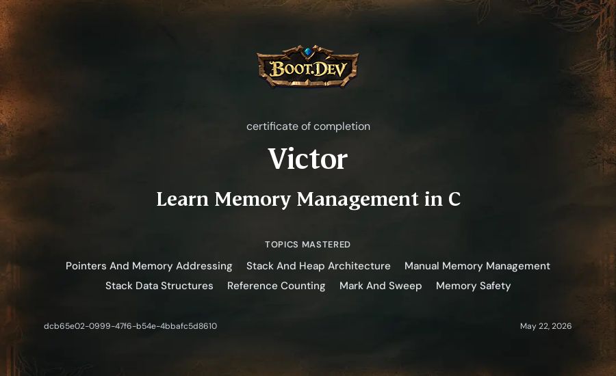 Victor's Boot.dev Learn Memory Management in C certificate