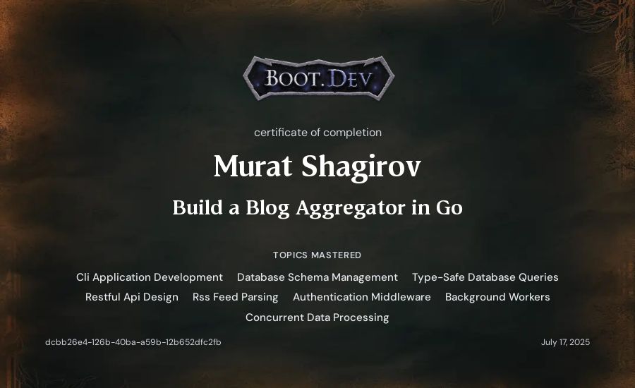 Murat Shagirov's Boot.dev Build a Blog Aggregator in Go certificate