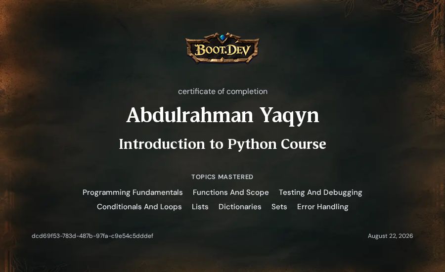 Abdulrahman Yaqyn's Boot.dev Introduction to Python Course certificate