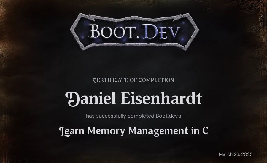 Daniel Eisenhardt's Boot.dev Learn Memory Management in C certificate
