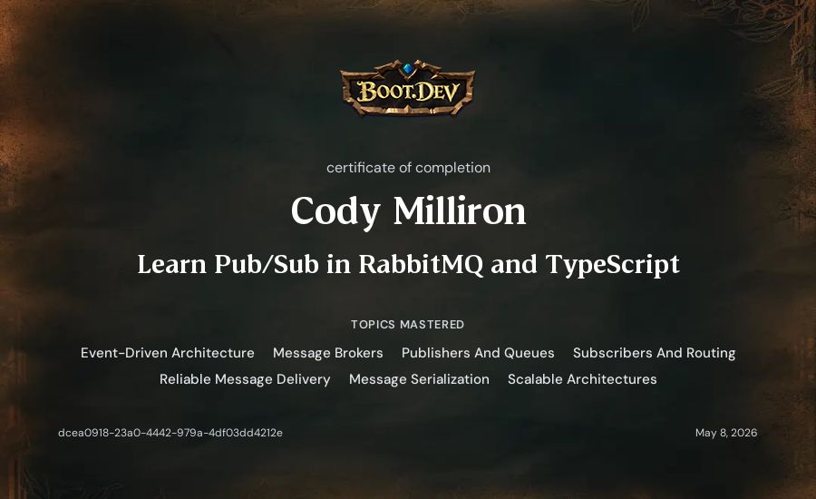 Cody Milliron's Boot.dev Learn Pub/Sub in RabbitMQ and TypeScript certificate