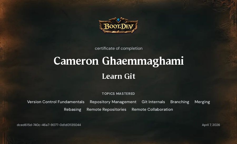 Cameron Ghaemmaghami's Boot.dev Learn Git certificate