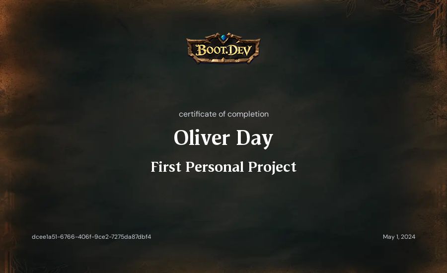 Oliver Day's Boot.dev First Personal Project certificate