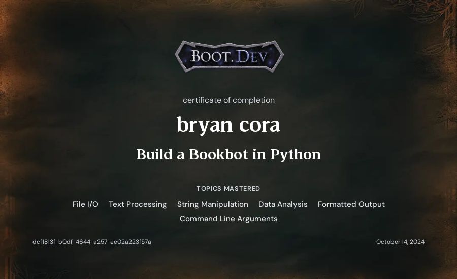 bryan cora's Boot.dev Build a BookBot in Python certificate