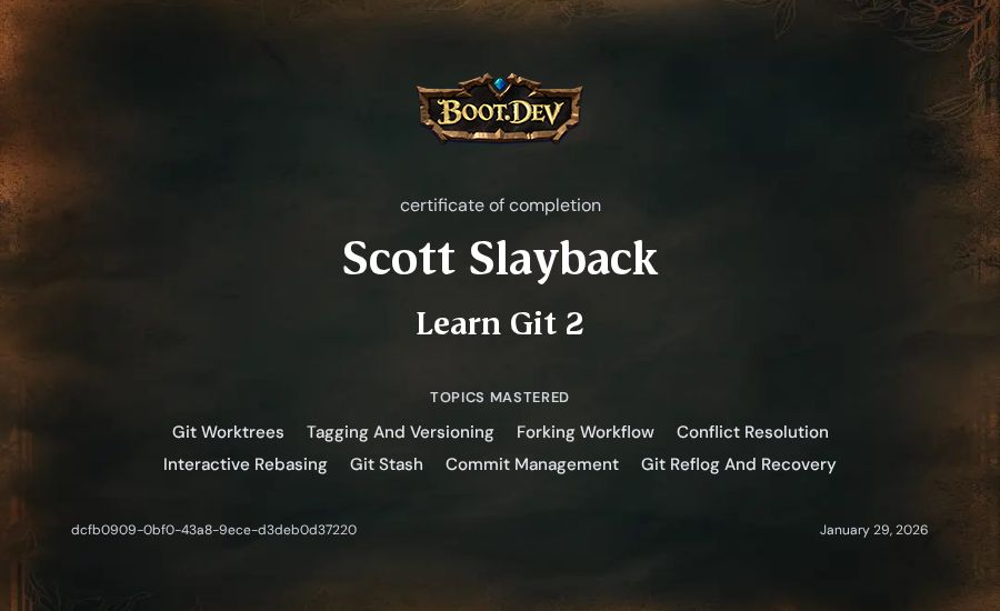 Scott Slayback's Boot.dev Learn Git 2 certificate