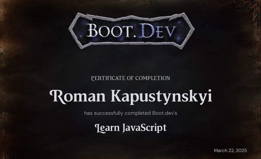 Roman Kapustynskyi's Boot.dev Learn JavaScript certificate