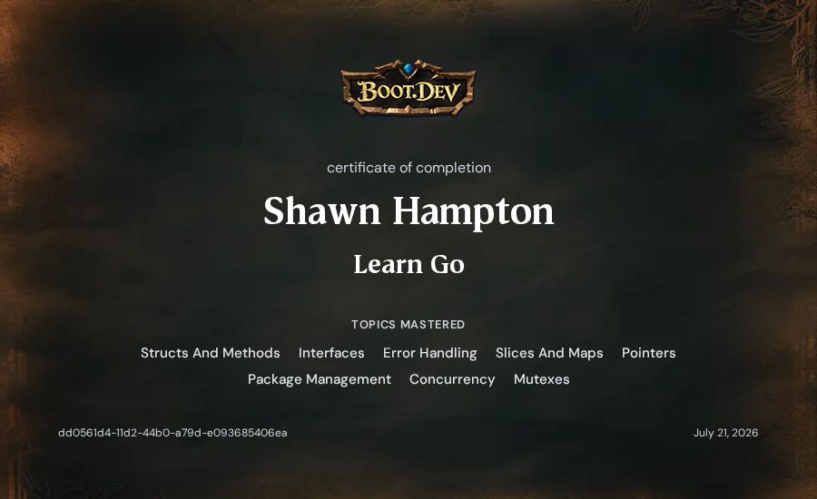 Shawn Hampton's Boot.dev Learn Go certificate