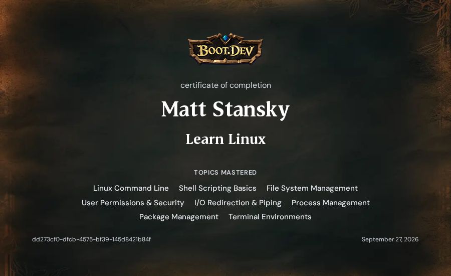 Matt Stansky's Boot.dev Learn Linux certificate