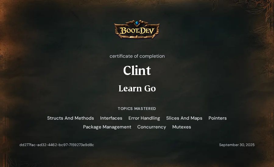 Clint's Boot.dev Learn Go certificate