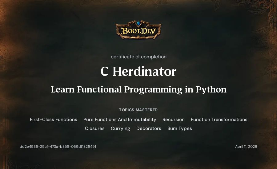 C Herdin's Boot.dev Learn Functional Programming in Python certificate