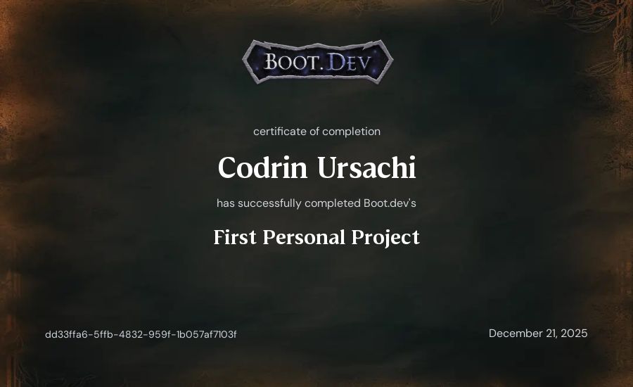 Codrin Ursachi's Boot.dev First Personal Project certificate