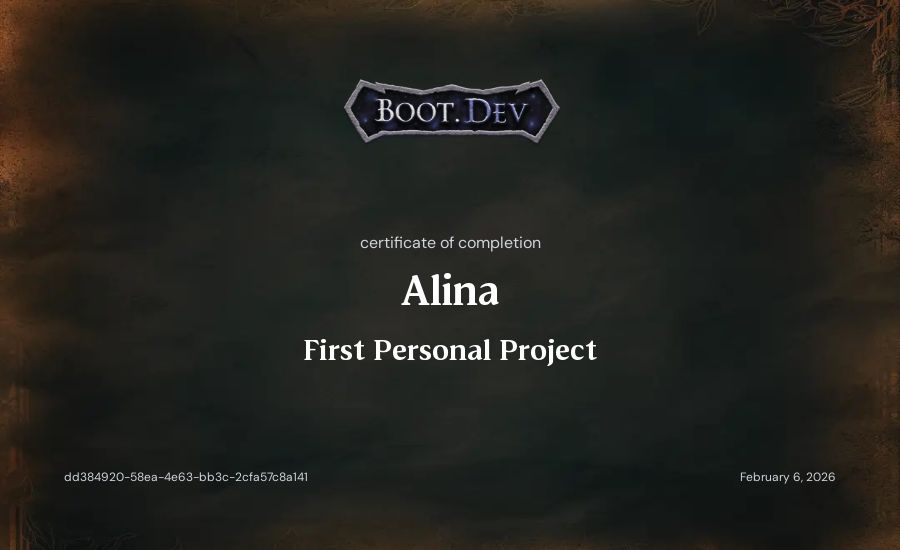 Alina's Boot.dev First Personal Project certificate