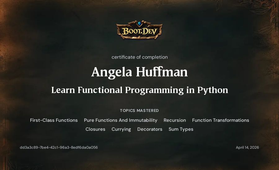 Angela Huffman's Boot.dev Learn Functional Programming in Python certificate
