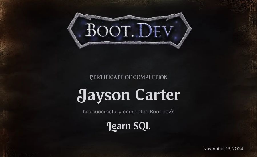 Jayson Carter's Boot.dev Learn SQL certificate
