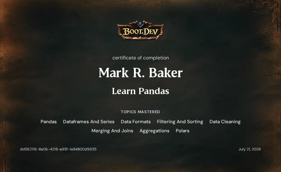 Mark R. Baker's Boot.dev Learn Pandas certificate