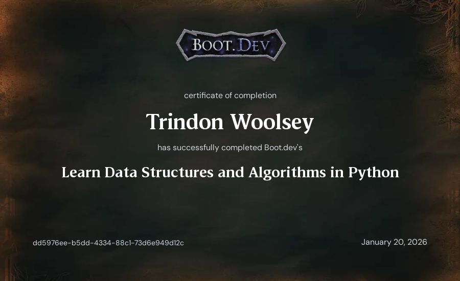 Trindon Woolsey's Boot.dev Learn Data Structures and Algorithms in Python certificate