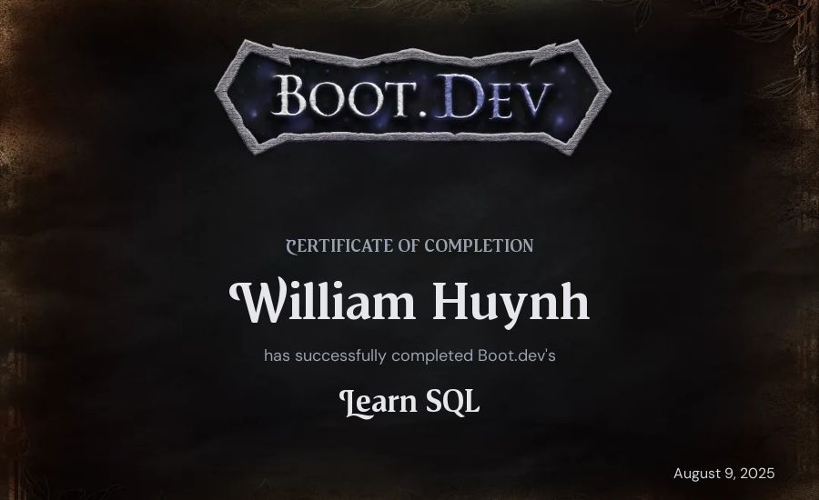 William Huynh's Boot.dev Learn SQL certificate