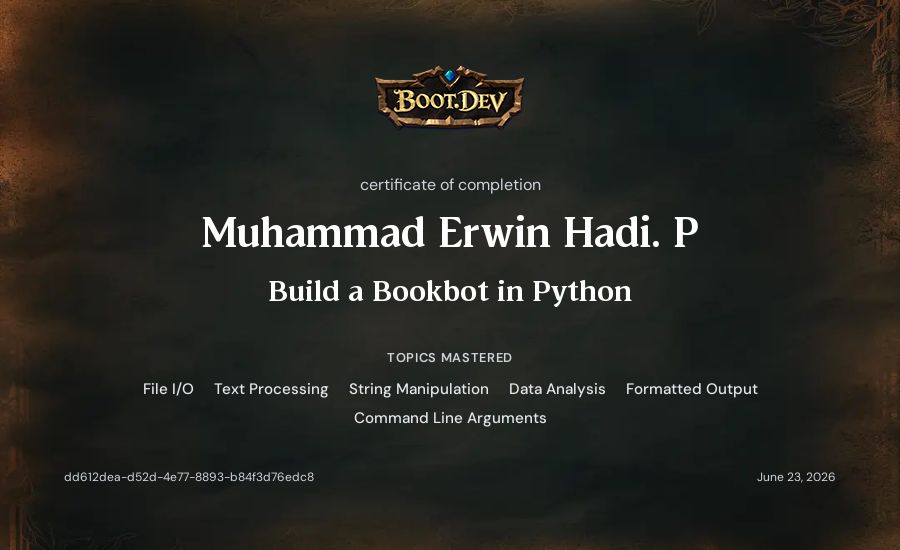 Muhammad Erwin Hadi. P's Boot.dev Build a BookBot in Python certificate
