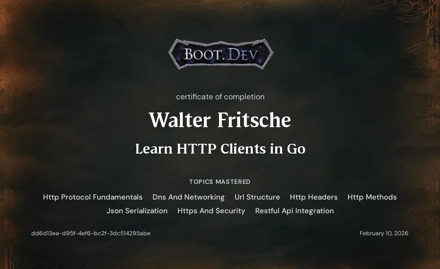 Walter Fritsche's Boot.dev Learn HTTP Clients in Go certificate