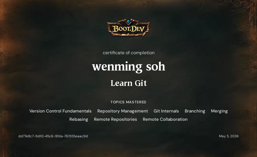 wenming soh's Boot.dev Learn Git certificate