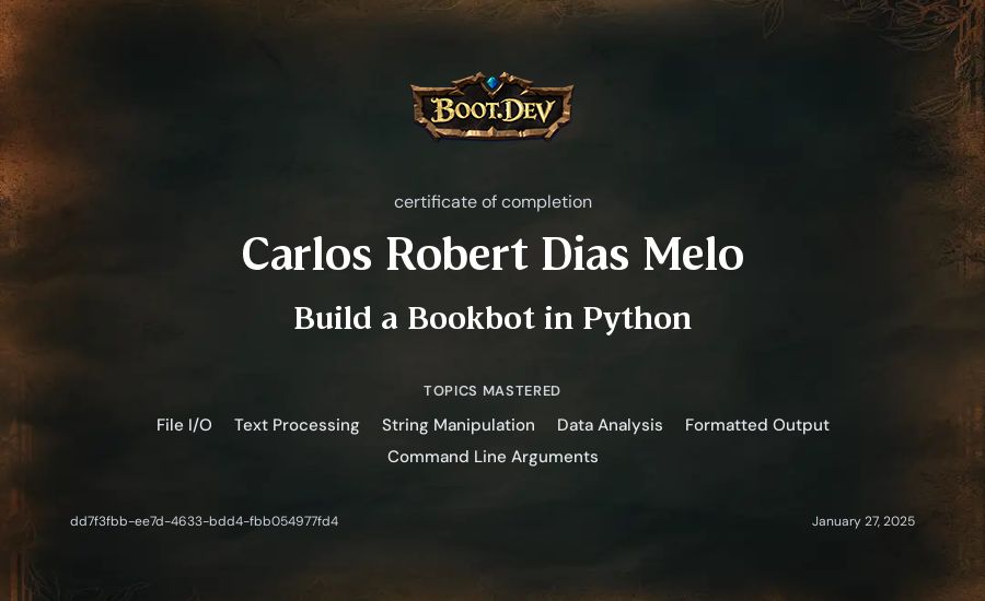 Carlos Robert Dias Melo's Boot.dev Build a BookBot in Python certificate