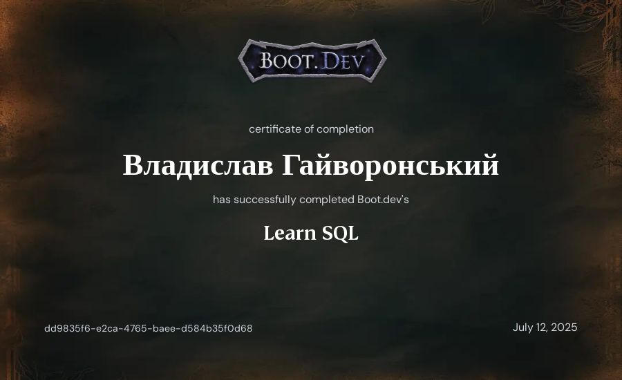 Владислав Гайворонський's Boot.dev Learn SQL certificate