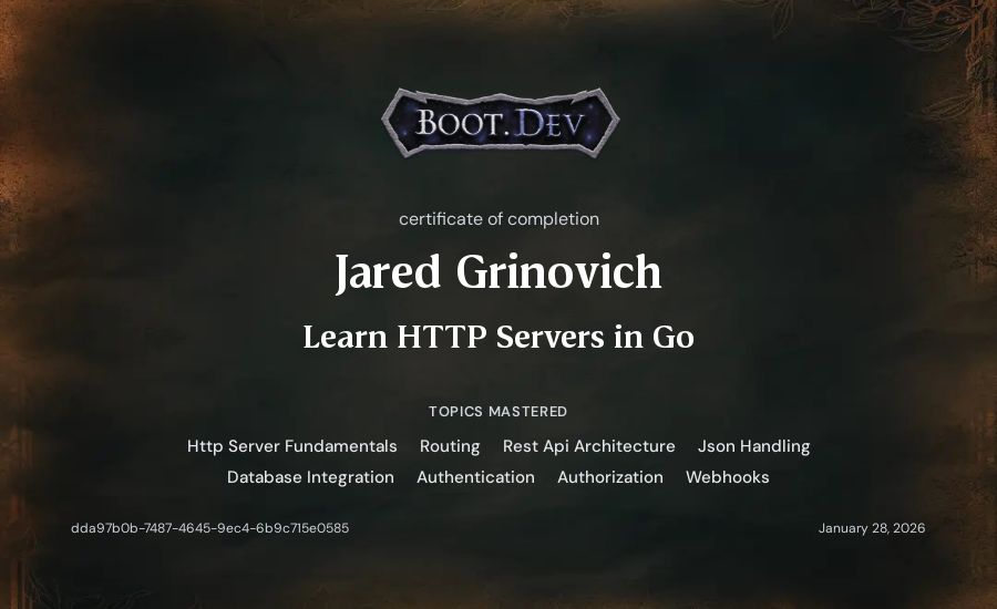 Jared Grinovich's Boot.dev Learn HTTP Servers in Go certificate