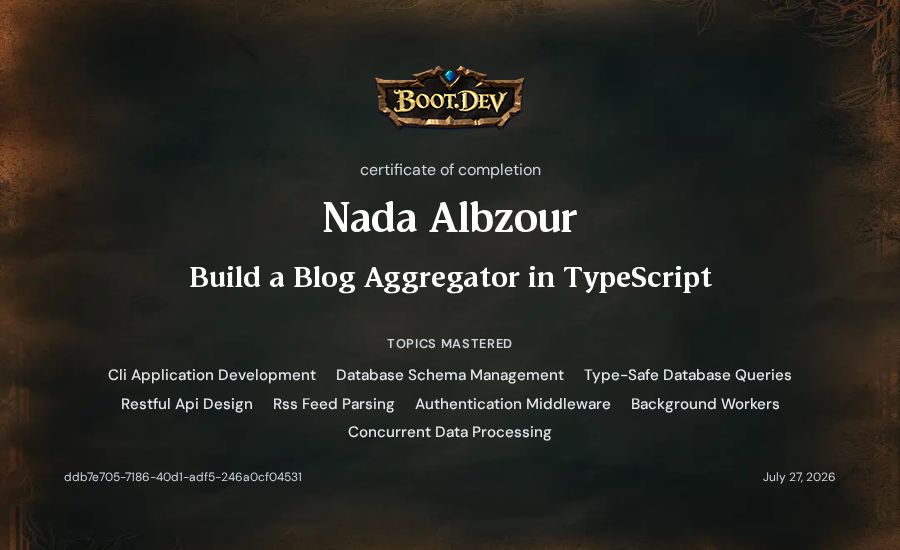 Nada Albzour's Boot.dev Build a Blog Aggregator in TypeScript certificate