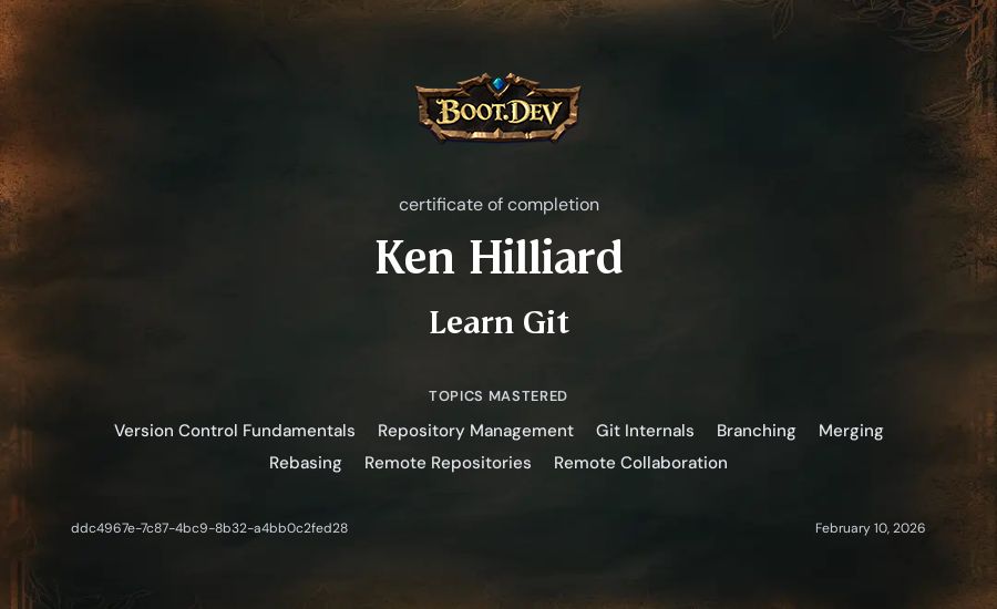 Ken Hilliard's Boot.dev Learn Git certificate