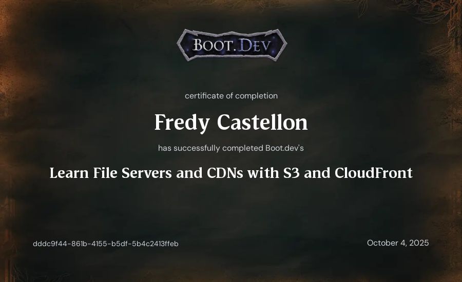 Fredy Castellon's Boot.dev Learn File Servers and CDNs with S3 and CloudFront certificate