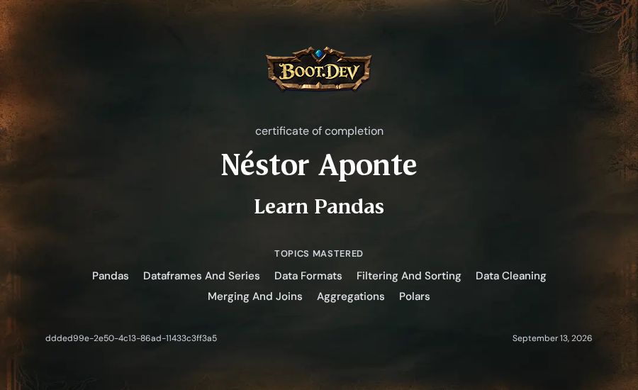 Néstor Aponte's Boot.dev Learn Pandas certificate