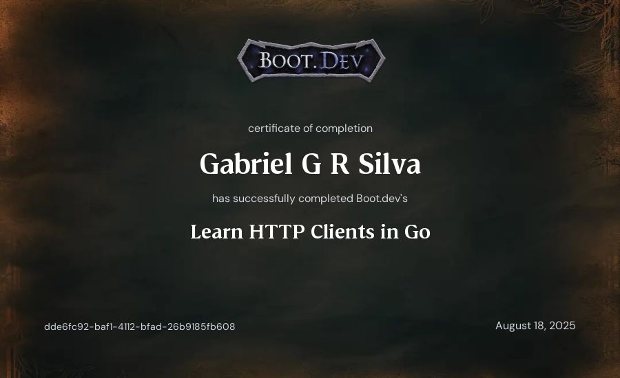 Gabriel G R Silva's Boot.dev Learn HTTP Clients in Go certificate
