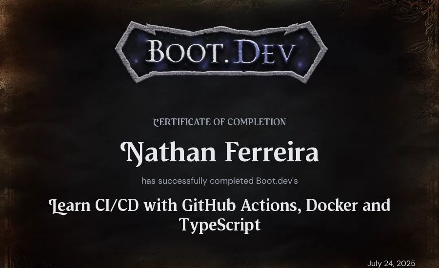 Nathan Ferreira's Boot.dev Learn CI/CD with GitHub Actions, Docker and TypeScript certificate