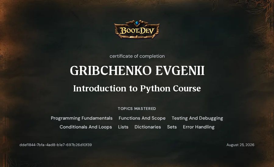 GRIBCHENKO EVGENII's Boot.dev Introduction to Python Course certificate