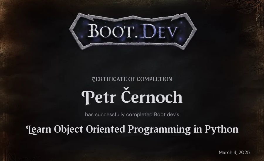 Petr Athanasios Szőllősy's Boot.dev Learn Object Oriented Programming in Python certificate