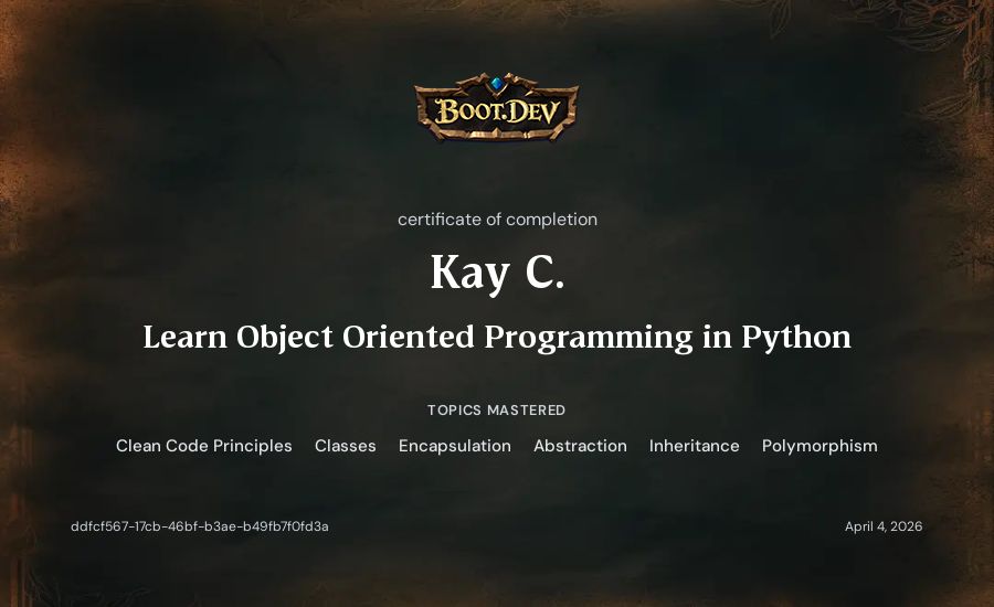 Kay C.'s Boot.dev Learn Object Oriented Programming in Python certificate