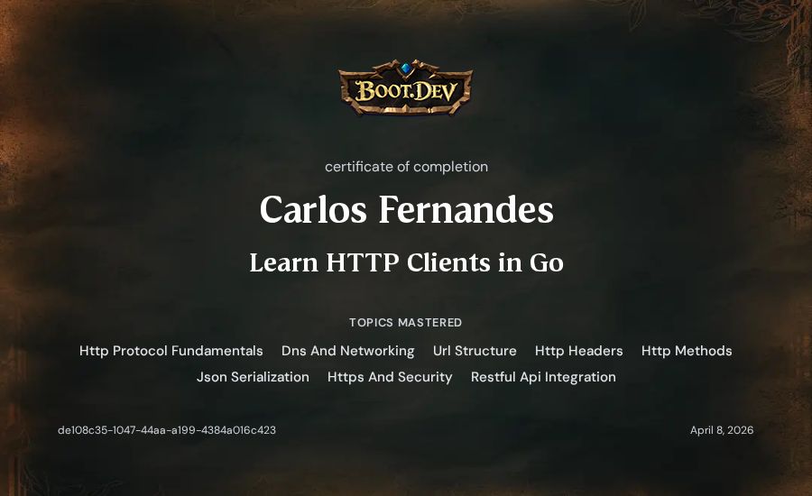 Carlos Fernandes's Boot.dev Learn HTTP Clients in Go certificate