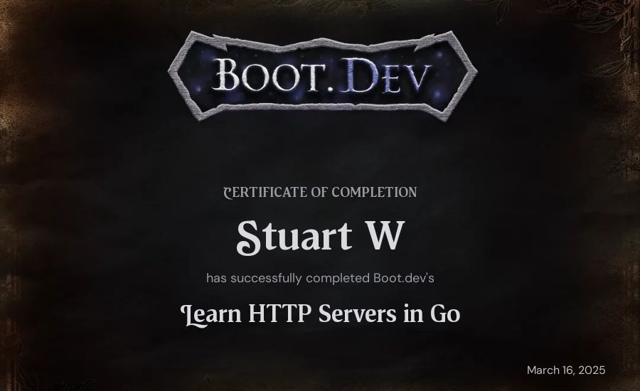 Stuart W's Boot.dev Learn HTTP Servers in Go certificate