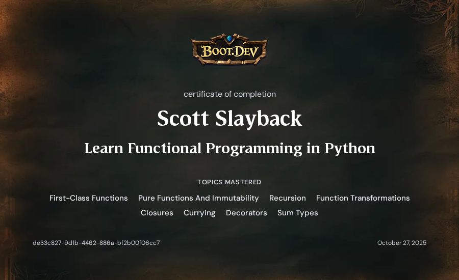 Scott Slayback's Boot.dev Learn Functional Programming in Python certificate
