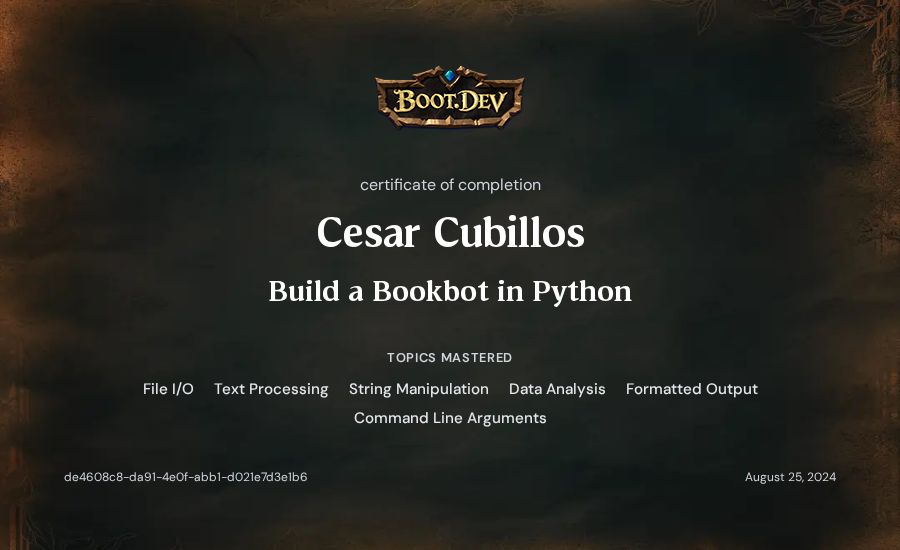 Cesar Cubillos's Boot.dev Build a BookBot in Python certificate