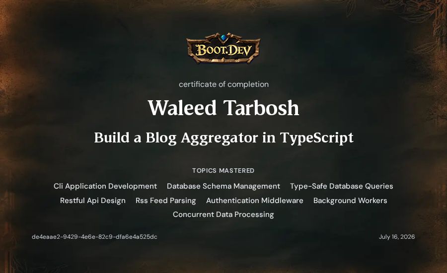 Waleed Tarbosh's Boot.dev Build a Blog Aggregator in TypeScript certificate