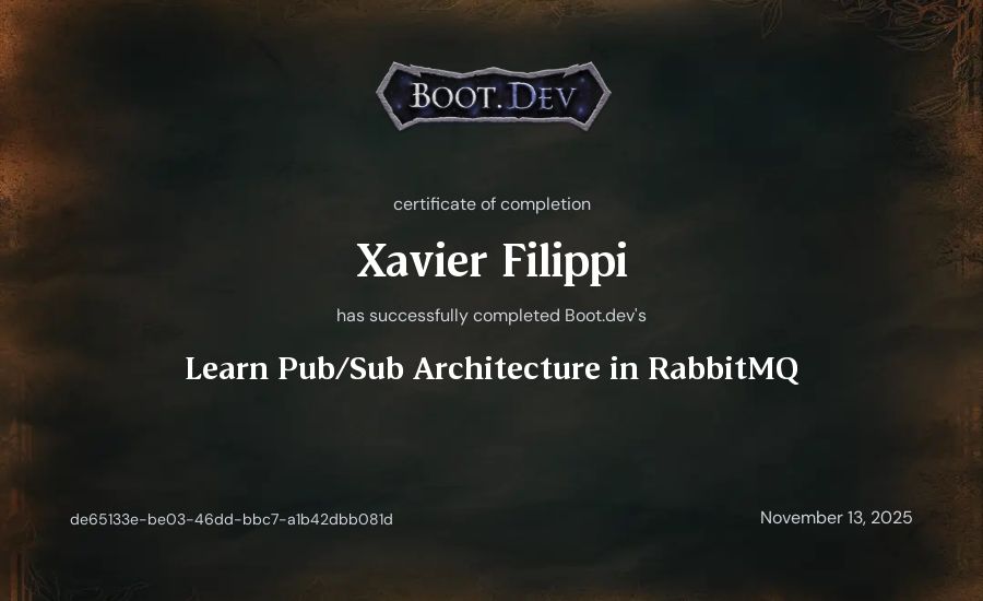 Xavier Filippi's Boot.dev Learn Pub/Sub in RabbitMQ and Go certificate