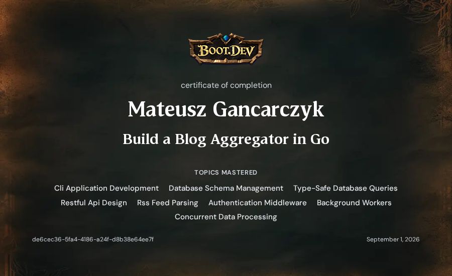 Mateusz Gancarczyk's Boot.dev Build a Blog Aggregator in Go certificate