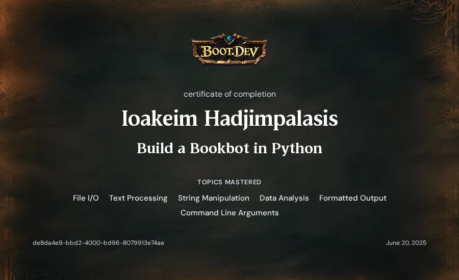 Ioakeim Hadjimpalasis's Boot.dev Build a BookBot in Python certificate