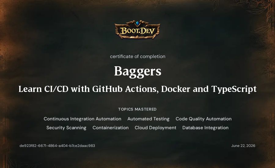 Baggers's Boot.dev Learn CI/CD with GitHub Actions, Docker and TypeScript certificate
