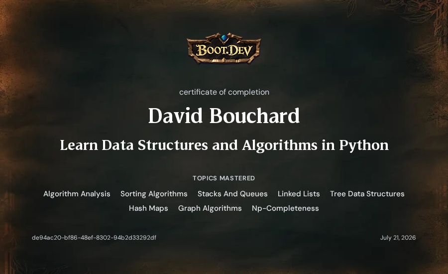 David Bouchard's Boot.dev Learn Data Structures and Algorithms in Python certificate