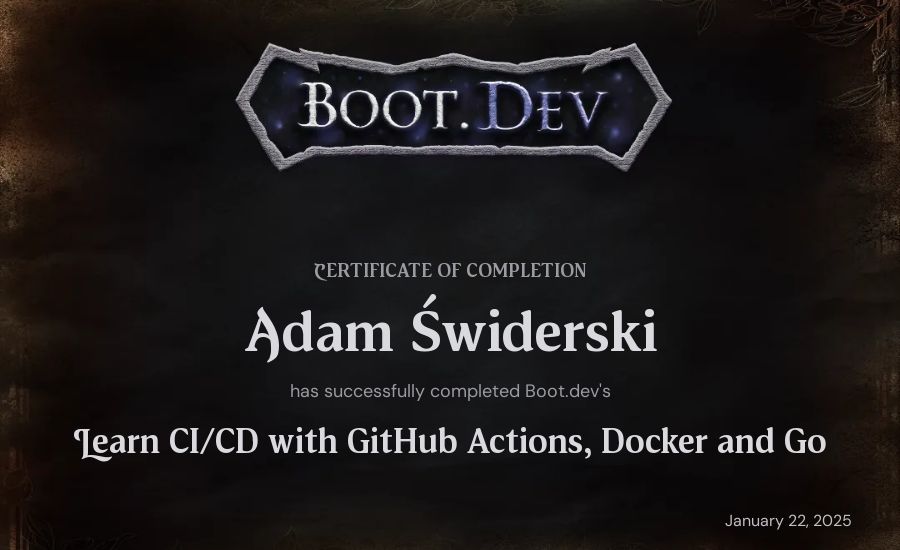 Adam Świderski's Boot.dev Learn CI/CD with GitHub Actions, Docker and Go certificate
