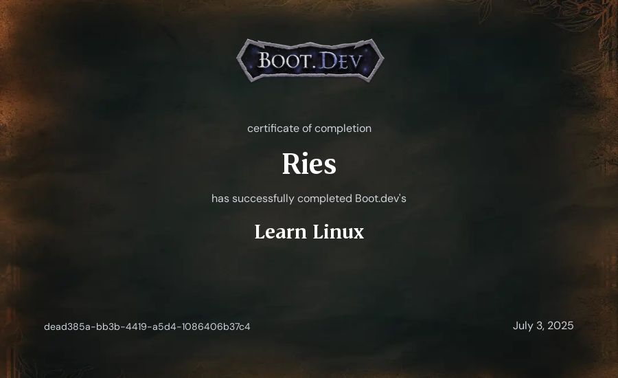 Ries's Boot.dev Learn Linux certificate