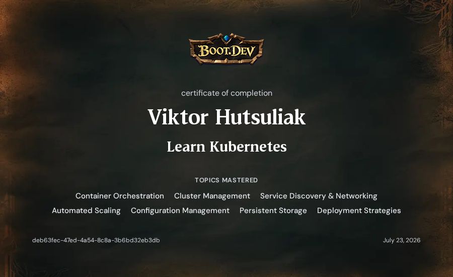 Viktor Hutsuliak's Boot.dev Learn Kubernetes certificate