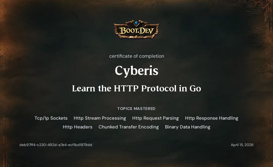 Cyberis's Boot.dev Learn the HTTP Protocol in Go certificate